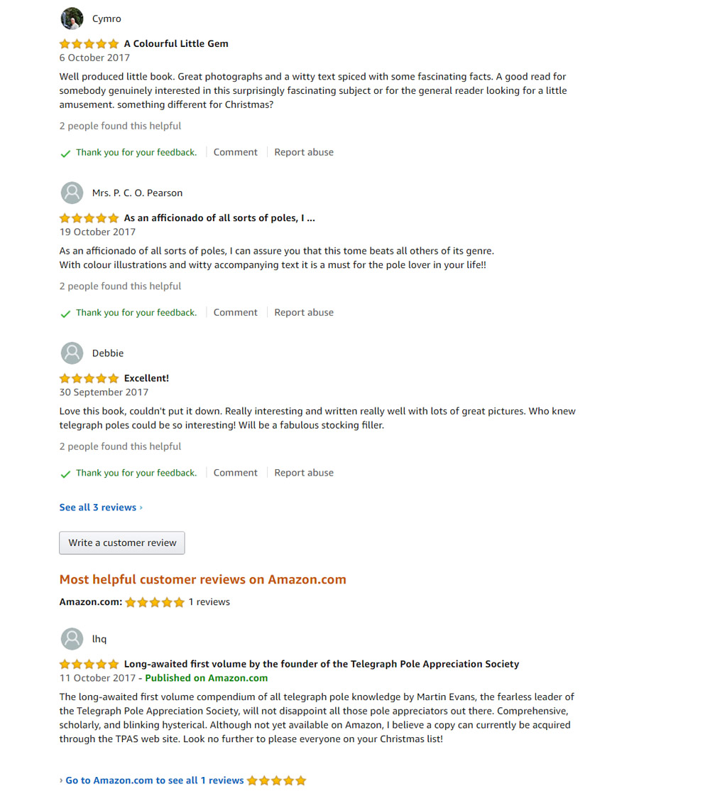 Reviews from Amazon website for Telegraph Pole Appreciation for Beginners